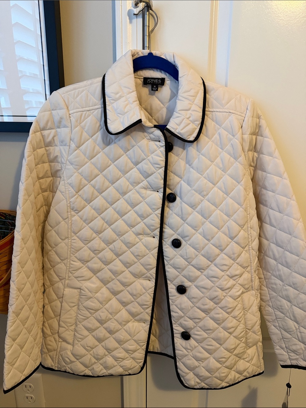 Jones New York Cream Quilted Jacket with Black Trim